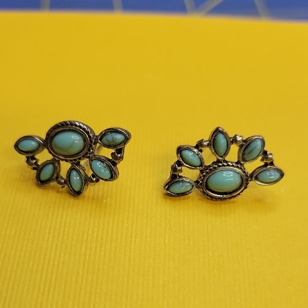 Turquoise Faux Silver Tone Lotus 0.5" Earrings